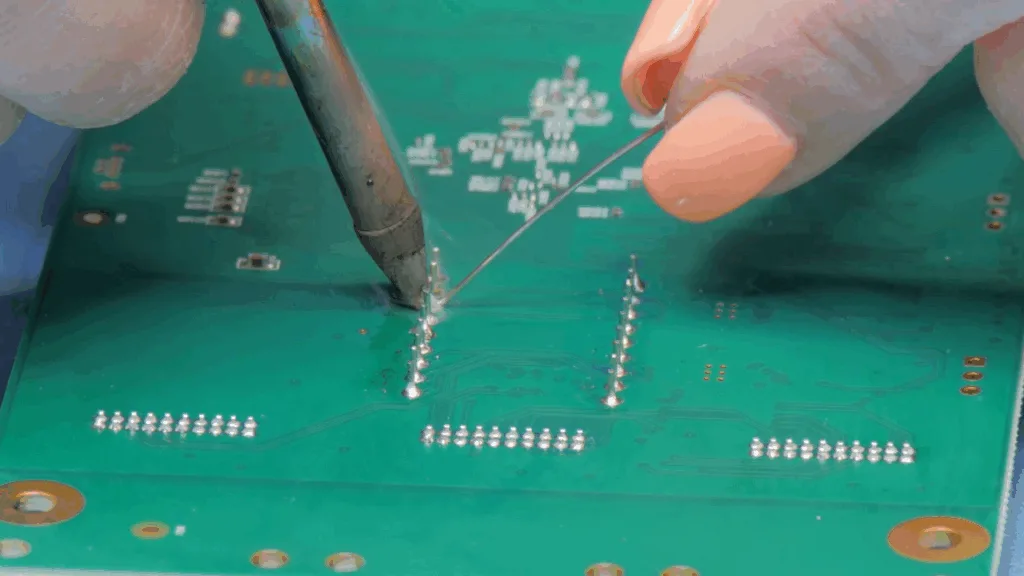 Technician placing components on a circuit board with tweezers