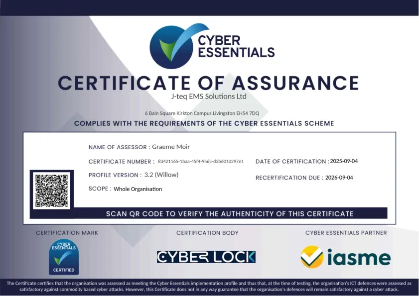 J-TEQ EMS Cyber Essentials certificate of assurance