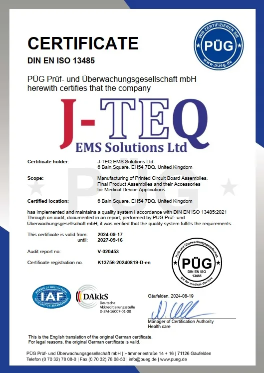 J-TEQ EMS ISO 13485 certificate