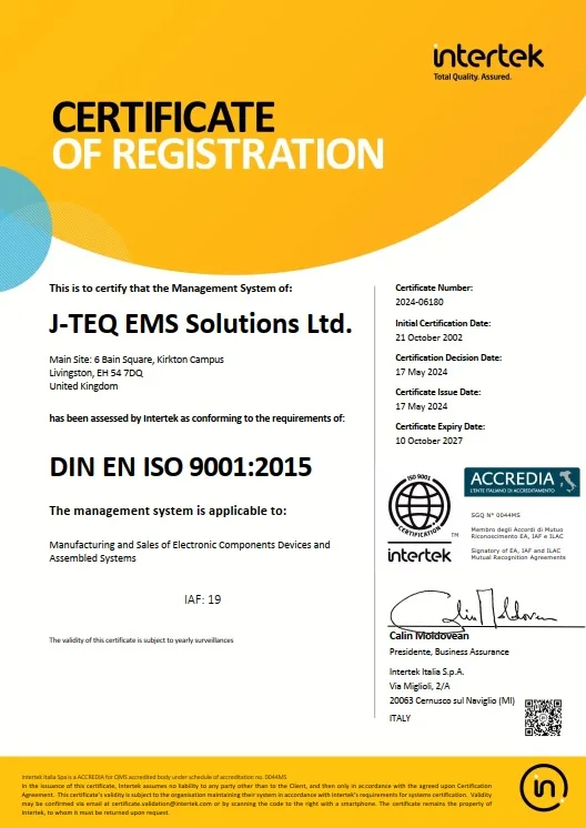 J-TEQ EMS ISO 9001 certificate